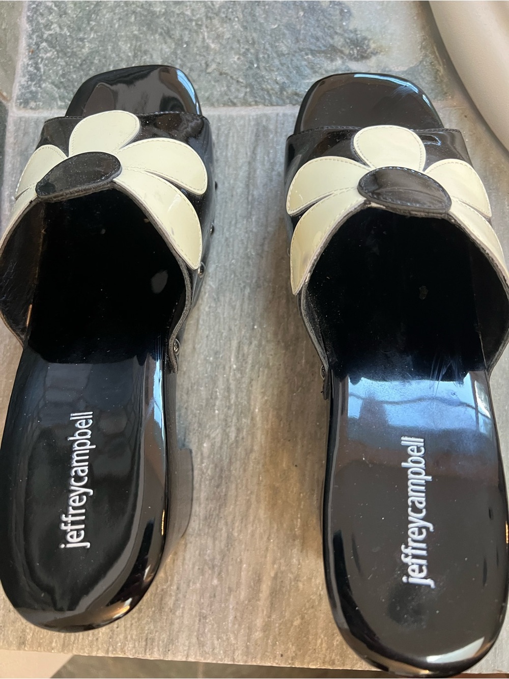 Jeffrey Campbell Black Patent Shoes with Cream Daisy Appliqués